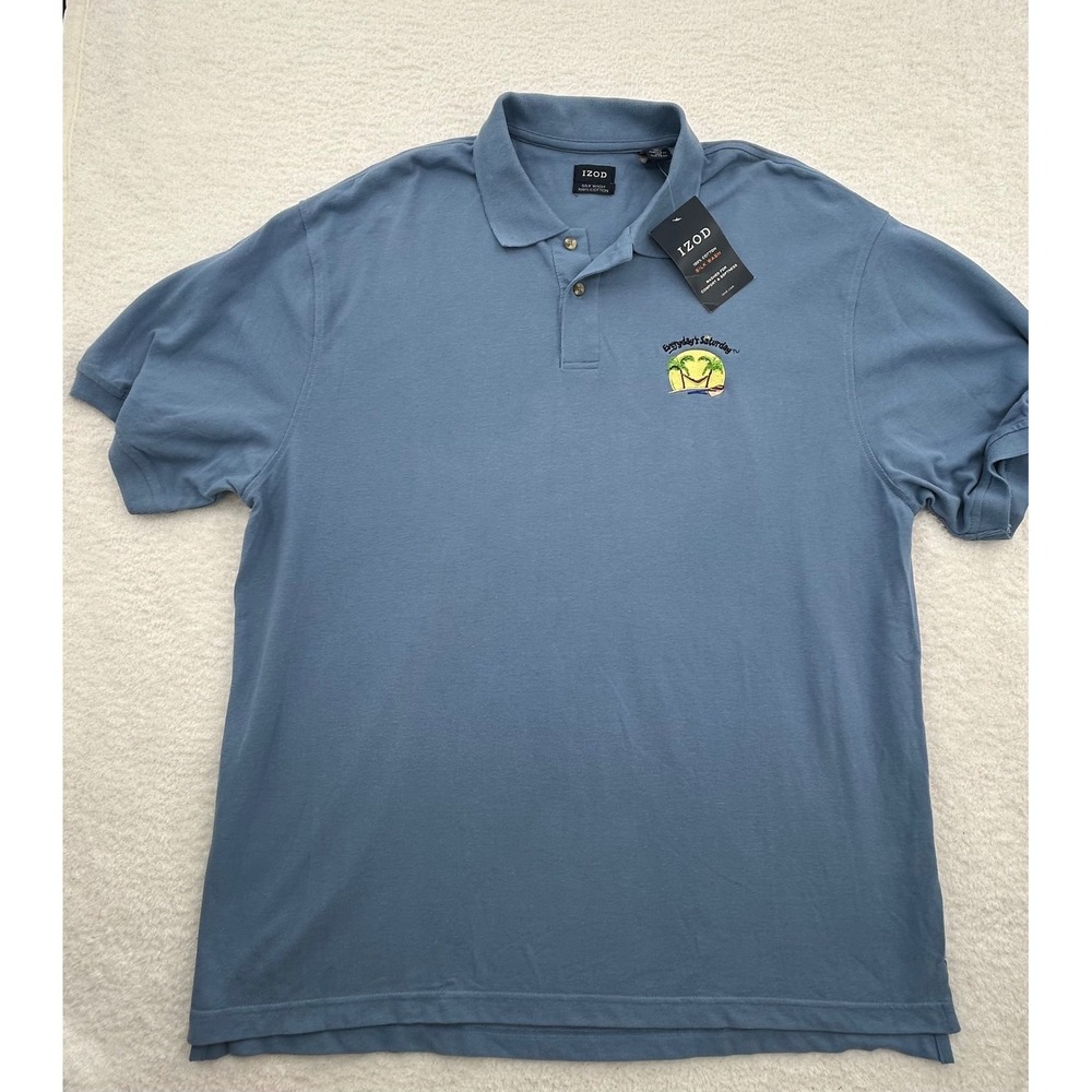 Izod Mens XXL Blue Silk Wash Cotton Everyday's Saturday Tropical Polo Shirt‎ NWT